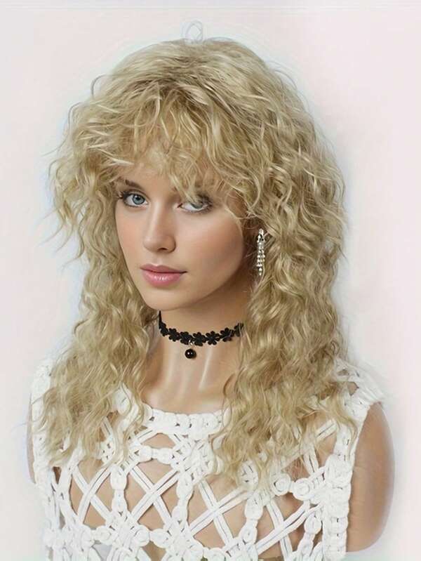Long Fluffy Blonde Curly Wigs With Bangs 18 Inch Synthetic Heat Resistant Wigs For Women Halloween Or Daily Used
