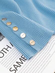 女士基础款罗纹保暖柔软针织衫，修身版型，秋冬季 - 淺藍色 - 查看 6