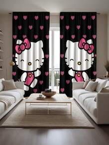 Sanrio 2pcs Sanrio Theme Black Hello Kitty Pattern Semi-Sheer Curtains - Made Of Polyester, With Rod Pocket Design, Easy To Hang, Cartoon Print Curtains, Suitable For Bedroom, Office, Living Room, Home Decor