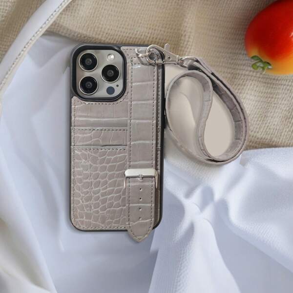 Crocodile Pattern Crocodile Texture IPhone15 Pro Max Phone Case, Multifunctional Card Slot Wristband Shockproof Cover Compatible With IPhone 16 Pro/15/14/13, Grey