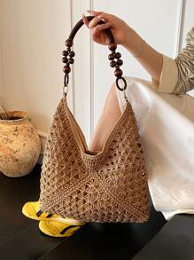 Geantă de umăr boemă din paie pentru femei, geantă tote de plajă de designer vintage, potrivită pentru vacanță, muncă, utilizare zilnică, stil de vară, perfectă pentru ieșirile ocazionale și excursiile pe plajă