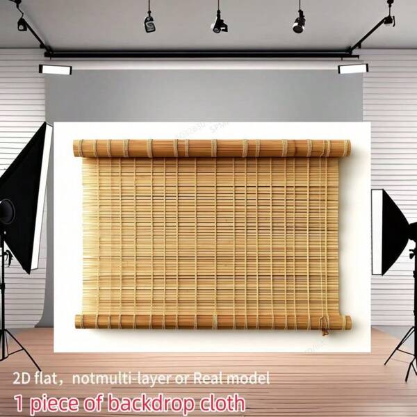 1 pieza Tela de telón de fondo, una sola pieza de estores de bambú natural enrollables planos, una cortina decorativa de madera que presenta elementos de suelo de madera y pared de ladrillo rústicos, perfecta para fotografía, decoración del hogar y eventos, que muestra un elegante estilo bohemio para fotomatones, no requiere electricidad, adecuada para varios entornos, plano 2D, no multicapa ni modelo real