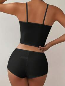 Sexy Lingerie Pajamas Suspenders Shorts Small Flower Home Clothes Two-Piece Set - Black - View 2