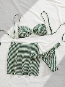 新款柔软条纹细肩带优雅性感三件式比基尼泳衣，女士夏季沙滩时尚泳装度假装 - 綠色 - 查看 4