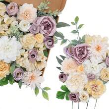 Artificial Flowers Combo, Champagne Silk Roses, Peonies, Dahlias With Stems For DIY Wedding Bouquets, Baby Shower, Table Centerpieces, Home Decor, Fake Floral Arrangements, Party Decorations - White&purple - 查看 1