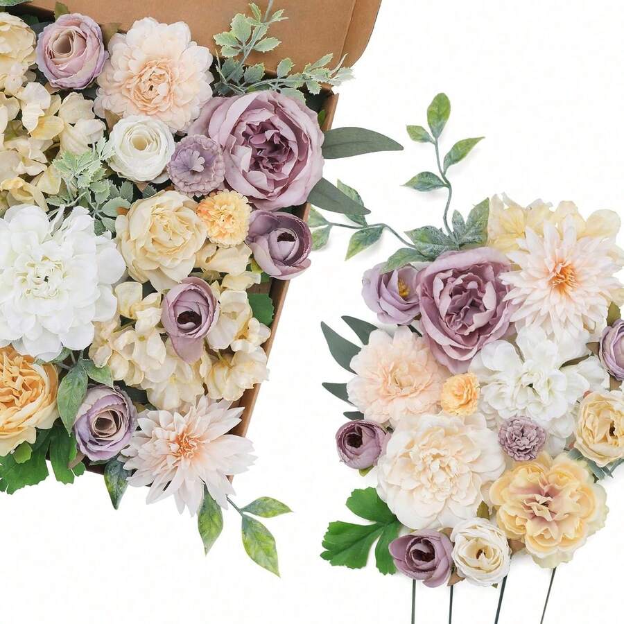Artificial Flowers Combo, Champagne Silk Roses, Peonies, Dahlias With Stems For DIY Wedding Bouquets, Baby Shower, Table Centerpieces, Home Decor, Fake Floral Arrangements, Party Decorations - White&purple - 查看 1