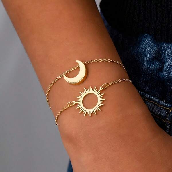 2pcs Elegant Sun & Moon Charm Bracelet Set - Simple Middle Eastern Style, Golden-Toned Iron, Adjustable Delicate Chain For Casual Attire, Sun And Moon Jewelry