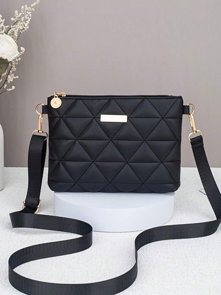 Bolso de hombro diagonal cruzado de una sola correa con cadena metálica y textura de trenzado de rombos para mujer