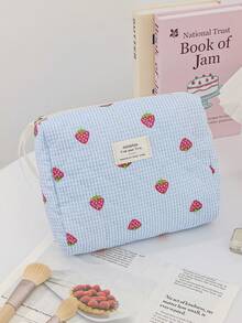 Cute Blue Strawberry Pattern Cosmetics Storage Bag With Quilted Design Fashionable Travel Toiletry Bag With Ribbon Cute Children's Make Up Bag With Zipper Large Capacity Makeup Pouch Portable Daily Organizer Bag Good Idea For Back To School Gift, Children's Day Gift, Graduation Gift, Birthday Gift For Daughters, Sisters, Friends, Classmates, Roommates Birthday Gifts For Girl Back To School Gifts - Blue - View 18