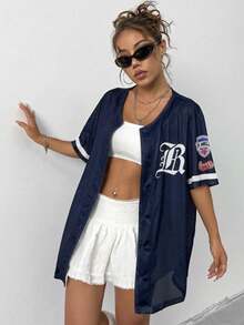 Women's Mesh Printed Open Front Short Sleeve Athletic T-Shirt - Navy Blue - View 1