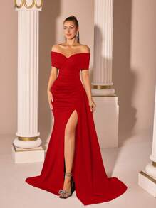 ADYCE Vestido elegante de mujer con un hombro, cuello en V cruzado, cintura alta plisada, abertura alta en la espalda, largo hasta el suelo, para baile de graduación, invitada de boda, fiesta formal, cena, cumpleaños, fiesta navideña, reunión familiar