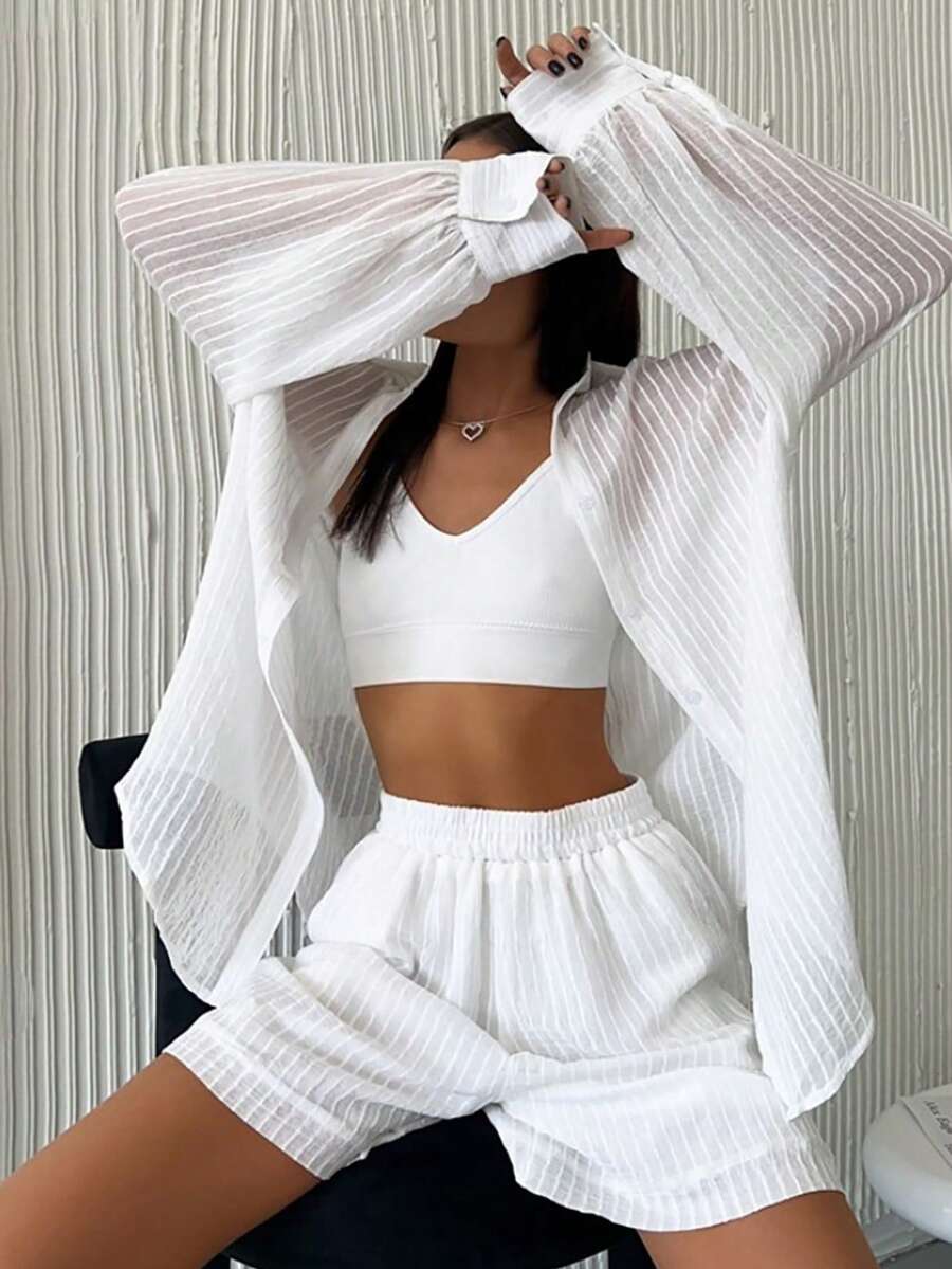 2 pezzi Outfit di moda da donna, Blusa con colletto a bottoni semi-trasparente e Pantaloncini con vita elastica, Set casual estivo, Camicia a maniche lunghe e pantaloncini larghi 2 pezzi in tessuto lavorato 88g