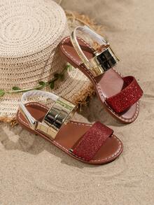 一双时尚儿童夏季凉鞋，新款儿童闪亮凉鞋，沙滩凉鞋，亮片水钻凉鞋，波西米亚复古风凉鞋，魔术贴耐用凉鞋 - 玫瑰紅 - 查看 2