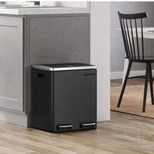 Poubelle Cuisine, 2 x 15L, Poubelle Tri, avec Pédale, 2 Compartiments, 15 Sacs Poubelles, Seaux Intérieurs, Couvercles en Douceur, en Acier, Noir d'Encre