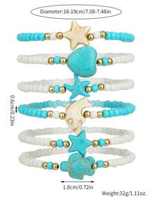 6pcs/Set Adorable Turtle & Starfish Beaded Bracelets, Suitable For Teens Beach Vacation Or Friendship Gift