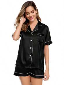 Womens Silk Satin Short Sleeve Loungewear Two-Piece Sleepwear Button-Down Pj Set - Navy Blue-03 - View 7