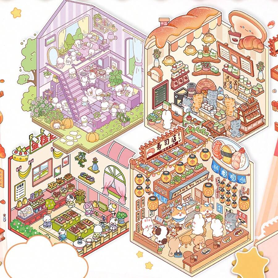 2 Sheets Cartoon Animal Landscape 3D Sticker + 1 Sheet Scenery Backdrop Card Paper, DIY Scrapbook Stickers, School Supplies,Back To School - Multicolor - View 1