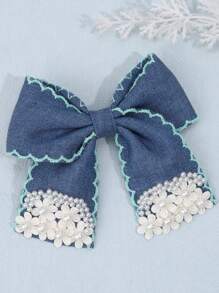 1 pezzo Fermagli per capelli in jeans per ragazze con perle floreali bianche e nastro di raso blu, accessori per capelli boho vintage per primavera/estate, festival, fermagli per capelli eleganti casual, per adolescenti, bambini, feste, uso quotidiano