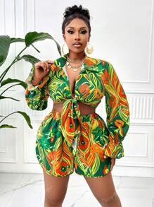 Conjunto de 2 piezas de top corto de manga larga con escote en V profundo y atadura en el frente, estampado tropical colorido, y shorts, para mujer talla grande, conjunto informal para vacaciones