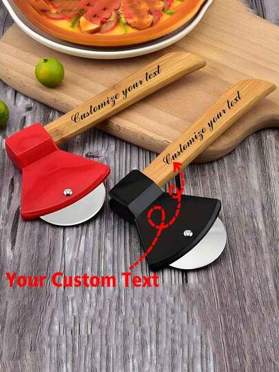 Cortador de pizza con forma de hacha personalizado con logo de texto, mango de madera ergonómico y hoja de acero inoxidable afilada para un corte suave en pizza, tarta, gofre y masa - herramienta de cocción casera y de cocina de restaurante, accesorio de cocina único