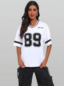 Locker geschnittenes V-Ausschnitt Oversized T-Shirt mit NEW YORK Aufdruck in Englisch und Zahlen Grafik Oberteile für Frauen
