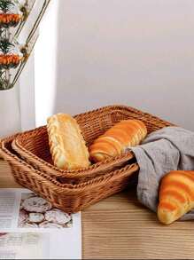1pc Imitation Rattan Woven Bread Basket, Fruit Basket, Dessert Display Plate, Stackable Tray, Multi-Functional Storage Basket, Hand-Made Storage Basket, Woven Basket, Draining Basket
