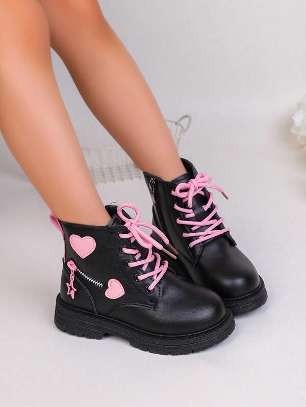 1 Pair Children's Solid Color Fashion Girls Ankle Boots, Heart-Shaped Decor, Suitable For Girls Outdoor Activities, Autumn/Winter