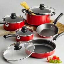 9-Piece Cookware Set With Ultra Non Stick Cast Texture Coating Including Frying Pan, Stackable, With Heat-Resistant And Shatter Resistant Tempered Glass Lid, Red Color,Local Delivery
