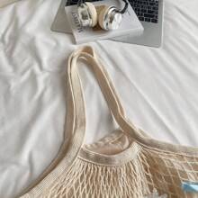 Large Capacity Bow & Ocean Element Decor Mesh Woven Tote Bag For Women, New Hollow Out Weaved Shoulder Handbag For Beach, Summer Vacation