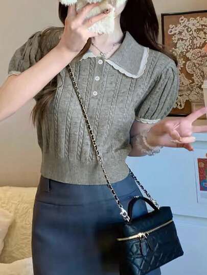 甜美彼得潘领短袖衬衫女夏季新款针织休闲T恤上衣