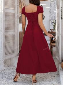 PoPoHouse Women's Solid-Color Bohemian Vacation-Style Dress With A Low-Cut Off-The-Shoulder Neckline And Back Tie Detailing.