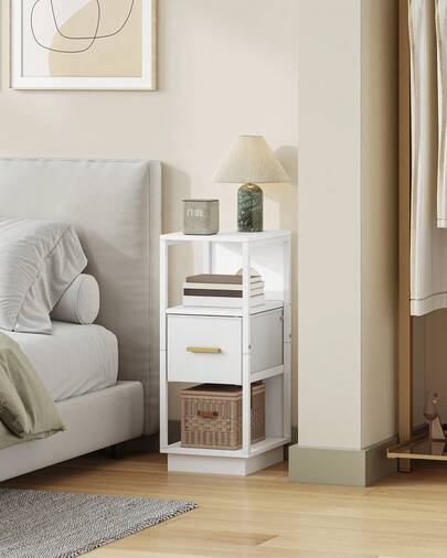 HEXCELEN Stolik nocny, wąska szafka nocna z 1 szufladą materiałową, stolik boczny z otwartą przegrodą, nowoczesny, do sypialni, salonu, 30 x 24 x 60 cm