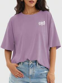 [春夏] 休闲女款蜘蛛印花半袖修身短款T恤，夏季 - 淡紫色 - 查看 3