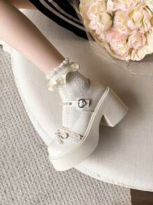 1 双纯色学院风可爱 PU 皮革蝴蝶结厚底牛津鞋，英伦时尚乐福鞋，适合户外、学校、节日、所有季节 - 米色 - 查看 6