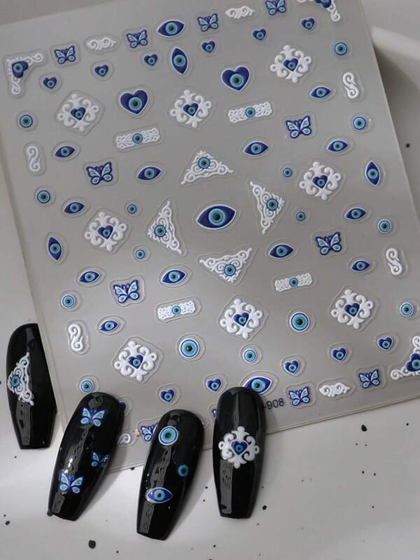 1 Pc The Blue Devil's Eye 5D Embossed Nails Art Stickers DIY Adhesive Sliders Nail Polish Manicure Sticker Decals