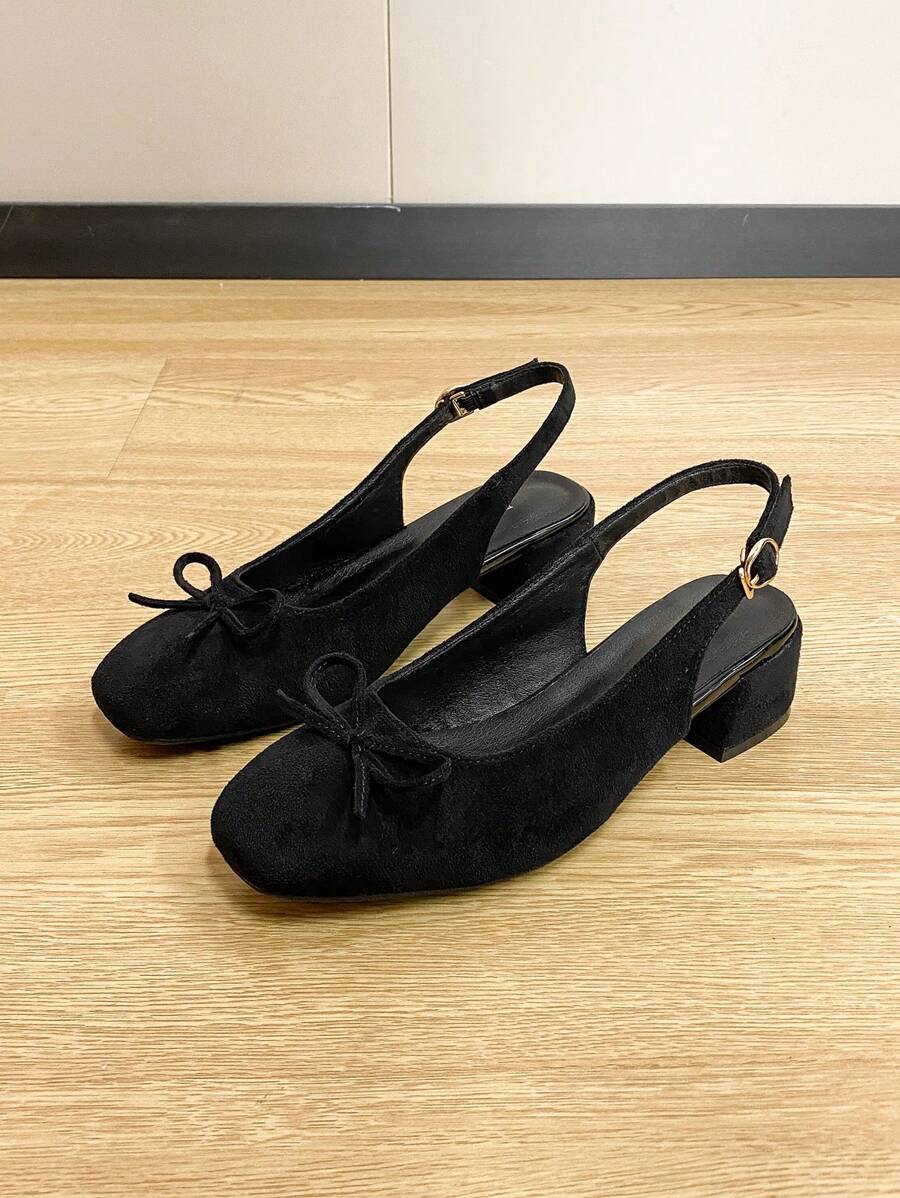 Square Toe Chunky Heels Women Shoes, Versatile Bow Decor Slip-On Flats, Fashionable Loafers, Black Open-Back High Heels. Women's High Heel Pumps, Run One Size Larger.
