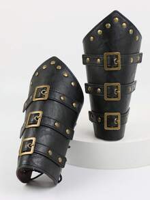 2pcs Medieval Renaissance Style Faux Leather Bracers, Vintage Viking Style Arm Guards With Adjustable Buckles, LARP Costume Props - A - View 4