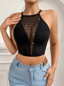 Sexy Sheer Contrast Mesh Wire-Free Bra For Women, Crossback Design & Flocked Pattern