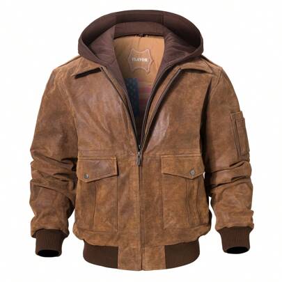 Spring/Fall  Winter    Regular Fit    Mens Jackets  Real Leather  Bomber  Flight  Aviator  Leather Jacket  Men  Removable Hood  Multiple Pockets