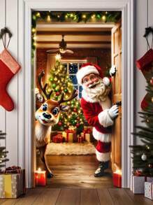 2D Santa Claus And Reindeer Holiday Door Banner, 1pc - Durable Polyester, 70.8x35.4 Inches, Ideal For Home Entrances And Outdoor Christmas Decor