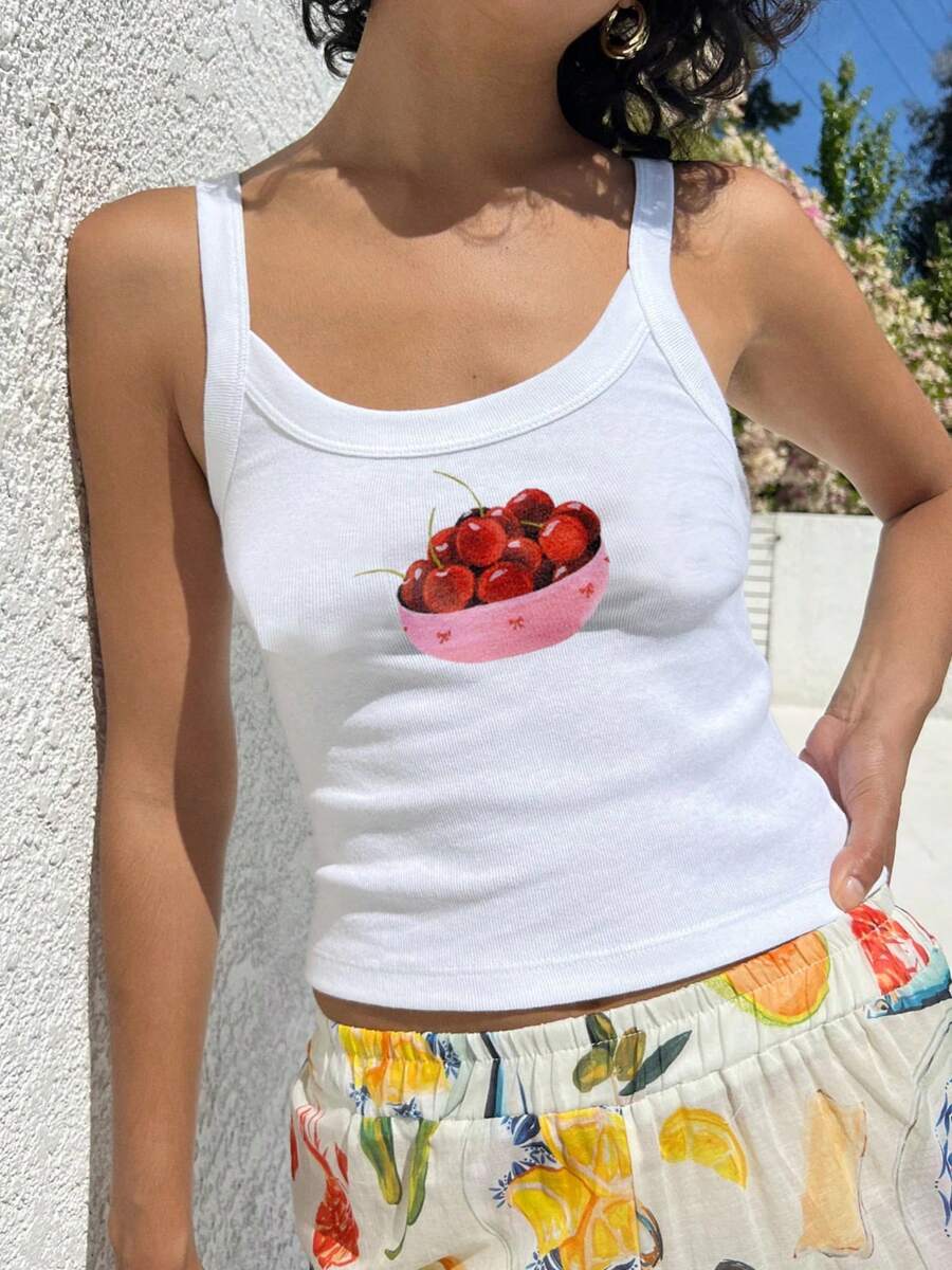 Summer Crop Tank Tops For Women Y2k Spaghetti Strap Cami Tops Graphic Tees Beach Vacation Tops Sleeveless Scoop Neck Camisole Slim Fit Tees Cute Going Out Tops For Teen Girls For Street Shopping Club Aesthetic Clothes - Đỏ và trắng - Xem 1