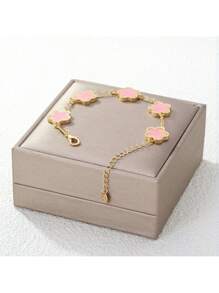 1pc Colorful Shell Inlaid Clover Charm Flower Chain Bracelet, Fashionable & Elegant For Women & Girls