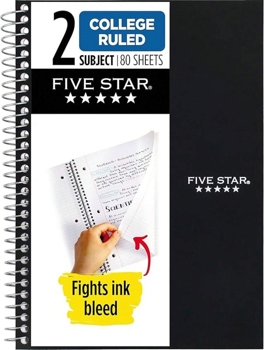 Five Star Spiral Notebook, 2 Subject, College Ruled Paper, 6" X 9-1/2", 80 Sheets, Fights Ink Bleed, Water Resistant Cover, Black (840029AA2-ECM) - 黑色 - 查看 1