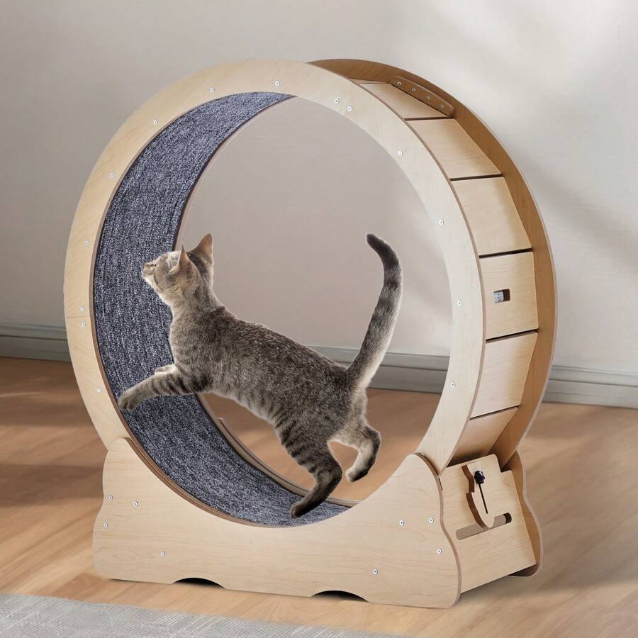 Cat Exercise Wheel, Large Cat Treadmill Wheel For Indoor Cats, 35.8 Inch Cat Running Wheel With Detachable Carpet And Cat Teaser For Running/Walking/Training, Suitable For Most Cats - Wood color 35.8 inches - 查看 1