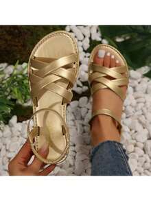 大码女式露趾交叉绑带舒适简约闪亮松紧带平底皮革拖鞋金色凉鞋，夏季休闲时尚户外沙滩鞋 - 金色 - 查看 1