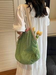 Spacious Rhombic Mesh Woven Shoulder Tote Bag, Women's Summer Versatile Hollow-Out Woven Beach Bag