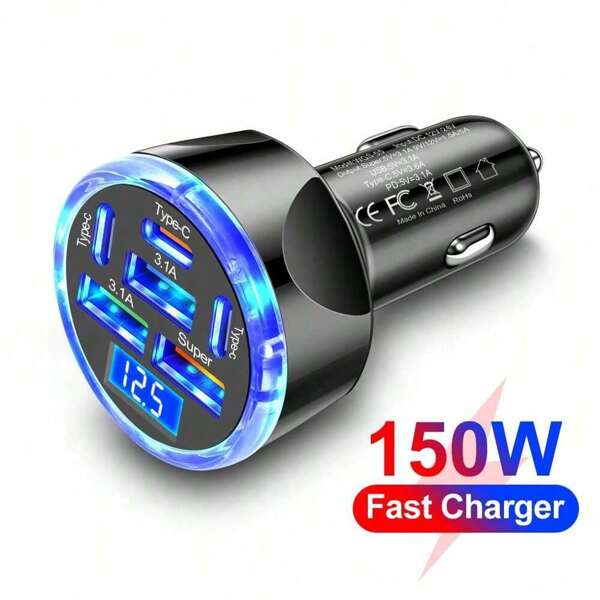 1 pezzo Caricabatterie per auto E150W a 6 porte, ricarica rapida PD QC3.0, caricatore USB-C per auto, compatibile con 16 15 14 13, iPad, telefoni Android, laptop, design compatto per una ricarica efficiente in movimento, caricabatterie per auto rapido, regalo per famiglia, amici, bambini, compleanni, Natale, accessori per auto