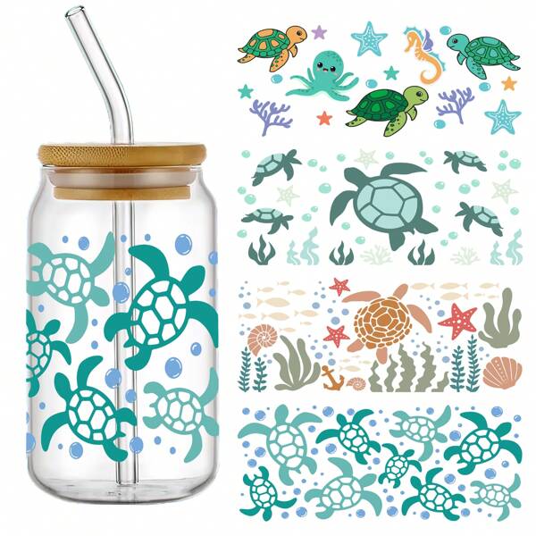 4 piezas de pegatinas de transferencia UV con tema de tortugas marinas - Calcomanías impermeables y resistentes a los arañazos para tarros de vidrio de 16 onzas y manualidades DIY, autoadhesivas, de un solo uso