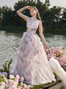 Faeriesty Luxe Elegant Sleeveless Tulle Evening Gown With Lace Trim & Multi-Layer Ruffled Hem - Pastel Floral Print Dress For Wedding, Bridal Shower, Evening Gala