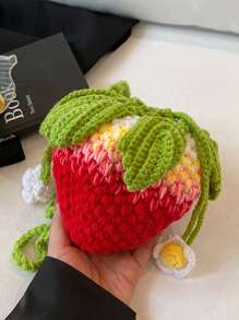 Handmade Crochet Strawberry Handbag, Small Unique Design Hollow Knitting Cross-Body Yarn Bag, Cute And Sweet Key Coin Purse